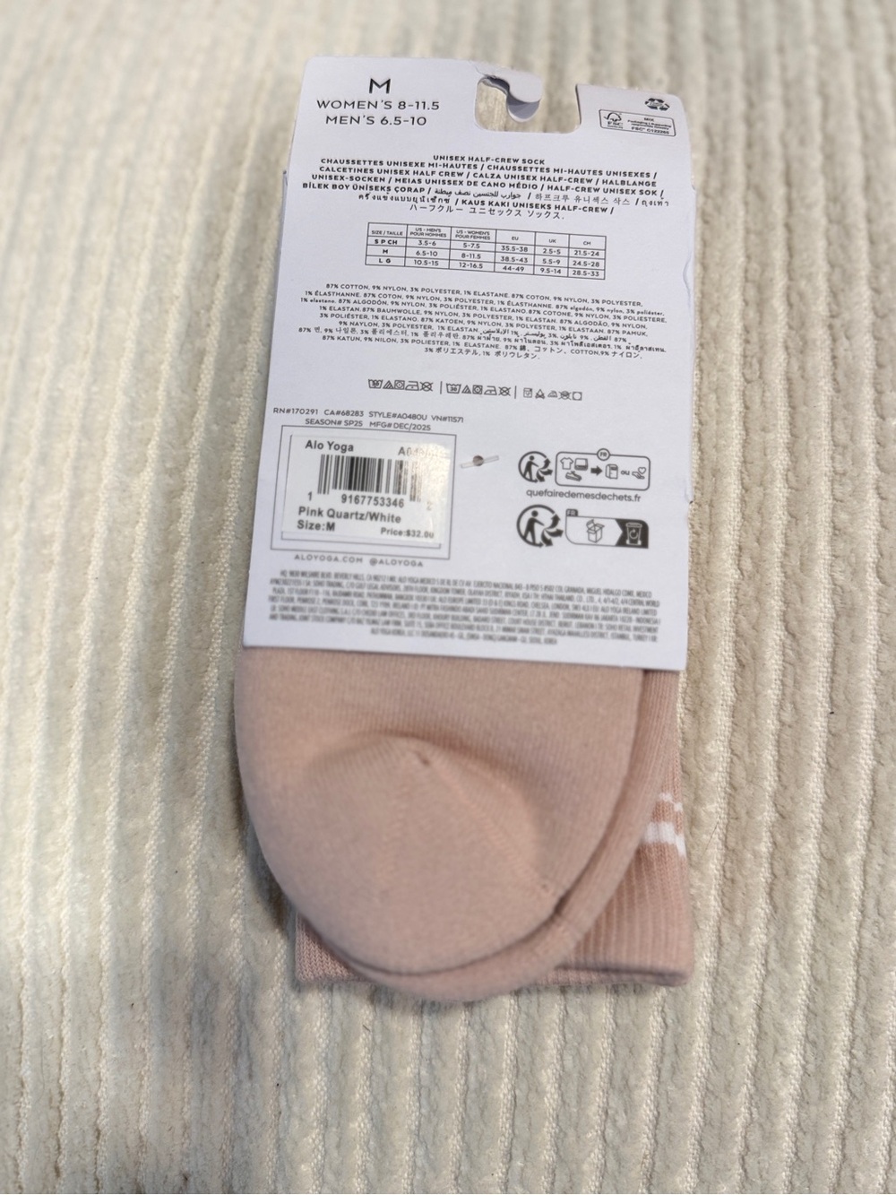 ALO Yoga Half Crew Throwback Socks Pink Quartz/White Unisex-Size Med-NWT - Picture 4 of 6